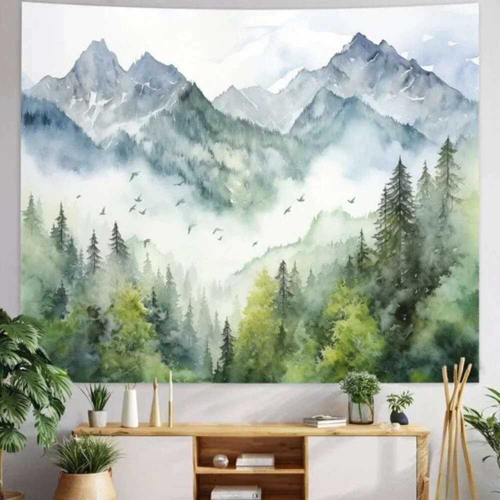 New Green Mountain Forest Nature Tapestry Wall Decor for Home or Room, 51x60In